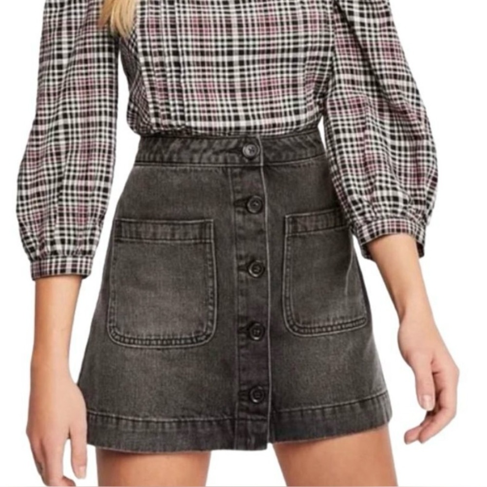 We The Free Black Washed Denim Button-Front Mini Skirt